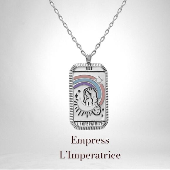 Quarter Moon Jewelry - Empress Silver Tarot Card Non Tarnish Enamel and Stainless Steel Boho Necklace